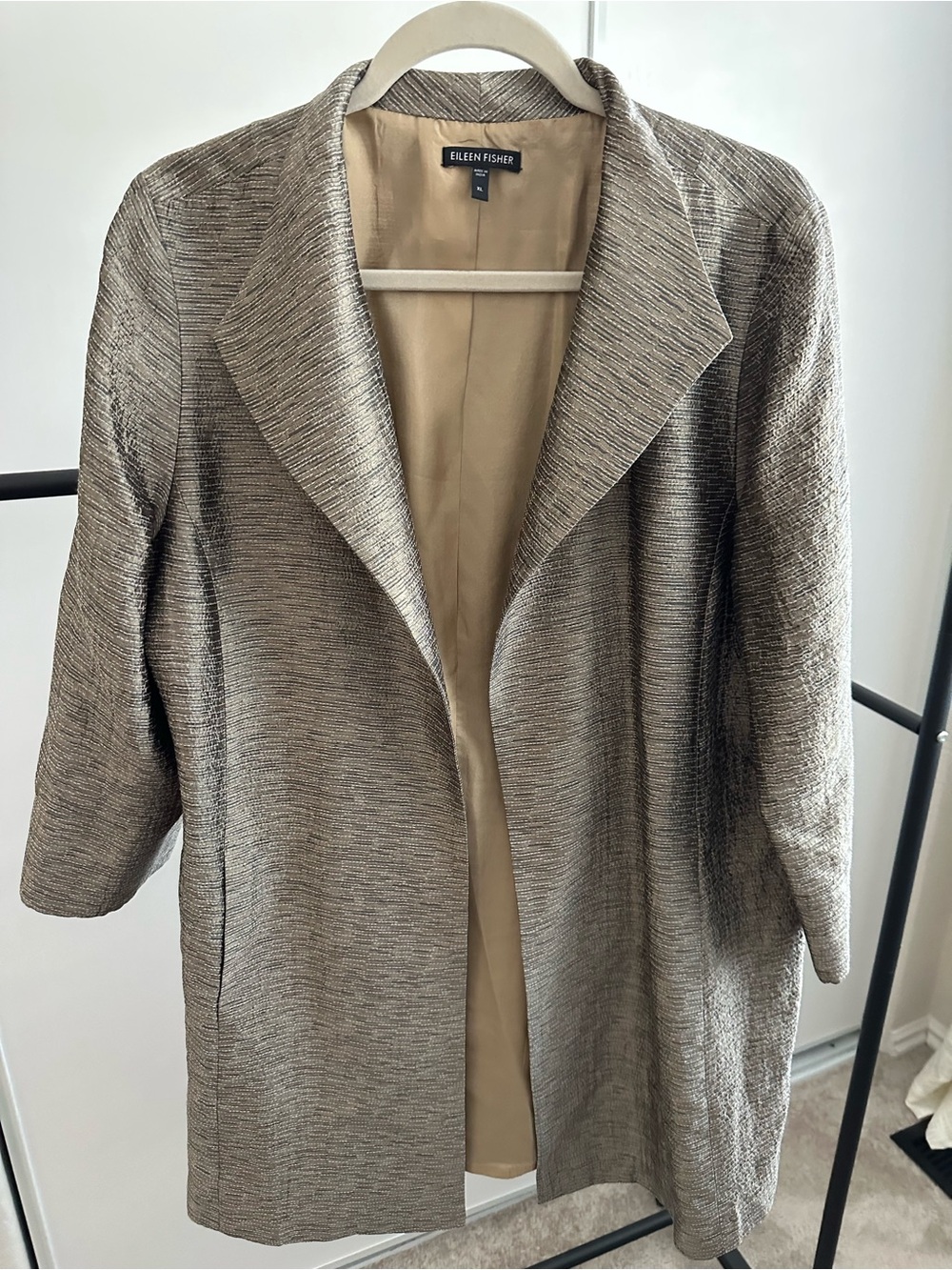 Eileen Fisher Metallic Taupe Open-Front Blazer Jacket